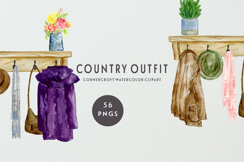 May include: Watercolor illustration of a coat rack with a purple jacket, a brown purse, a gray scarf, and a brown hat.  A second coat rack has a brown jacket, a green hat, and a pink scarf.  The text "COUNTRY OUTFIT CORNERCROFT WATERCOLOR CLIPART 56 PNGS" is below the coat racks.