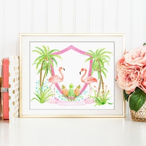 Watercolor Flamingo Crest for Instant Download, wedding crest, family crest, tropical crest printable