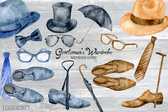 Watercolor clip Art Gentleman's Wardrobe - men's hat, glasses, ties, bow ties, shoes, walking sticks, umbrellas for instant download