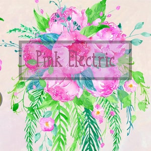 May include: Watercolor illustration of a bouquet of pink peonies with green leaves. The text "Pink Electric" is written in a pink banner across the center of the image.