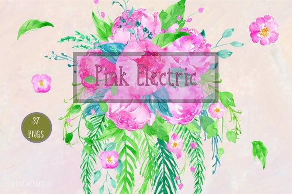 Watercolor Clipart Pink Electric - bright pink and purple peonies, bouquet and floral frame for instant download