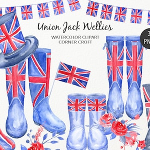 Pode incluir: Clipart de aquarela de 37 botas, chapéus e bandeiras Union Jack. As botas são azuis com listras vermelhas e brancas. Os chapéus são azuis com listras vermelhas e brancas. As bandeiras são vermelhas, brancas e azuis. O clipart é perfeito para scrapbooking, criação de cartões e outras manualidades.