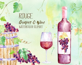 Watercolor Rouge Grapes and Wine - red grapes, vines, bottle of red wine, wine barrel, glass wine, printable for instant download