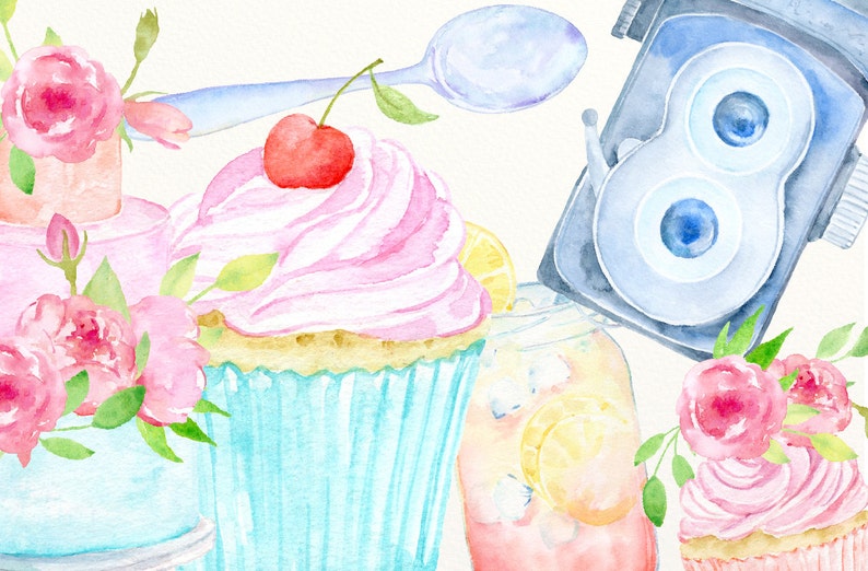 Puede incluir: Ilustraci&oacute;n de acuarela de una c&aacute;mara vintage, cupcakes con glaseado rosa y cerezas, y un tarro de cristal con limonada. Los cupcakes est&aacute;n decorados con rosas rosas.