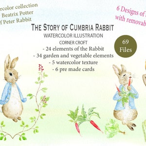 May include: Watercolor illustration of a rabbit wearing a blue jacket and holding a carrot. The illustration is titled "The Story of Cumbria Rabbit" and includes 69 files, 24 elements of the rabbit, 34 garden and vegetable elements, 5 watercolor textures, and 6 pre-made cards.