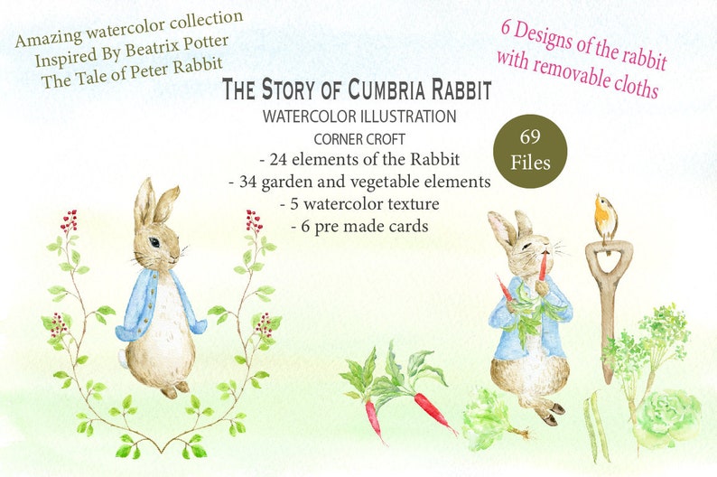May include: Watercolor illustration of a rabbit wearing a blue jacket and holding a carrot. The illustration is titled "The Story of Cumbria Rabbit" and includes 69 files, 24 elements of the rabbit, 34 garden and vegetable elements, 5 watercolor textures, and 6 pre-made cards.
