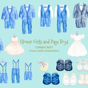May include: Watercolor illustrations of flower girls and page boys in various poses, including a girl in a white dress, a boy in a blue suit, and a boy in suspenders. The illustrations are on a light blue background. The text "Flower Girls and Page Boys" is written in gold lettering. The text "Corner Croft" is written in gold lettering. The text "23 pre made compositions" is written in gold lettering.