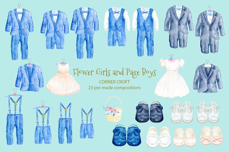 May include: Watercolor illustrations of flower girls and page boys in various poses, including a girl in a white dress, a boy in a blue suit, and a boy in suspenders. The illustrations are on a light blue background. The text "Flower Girls and Page Boys" is written in gold lettering. The text "Corner Croft" is written in gold lettering. The text "23 pre made compositions" is written in gold lettering.