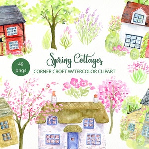 Watercolor spring cottage, traditional cottages, watercolour cottages, old house, instant download image 1