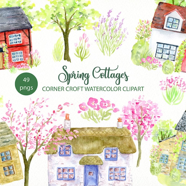 Watercolor spring cottage, traditional cottages, watercolour cottages, old house, instant download