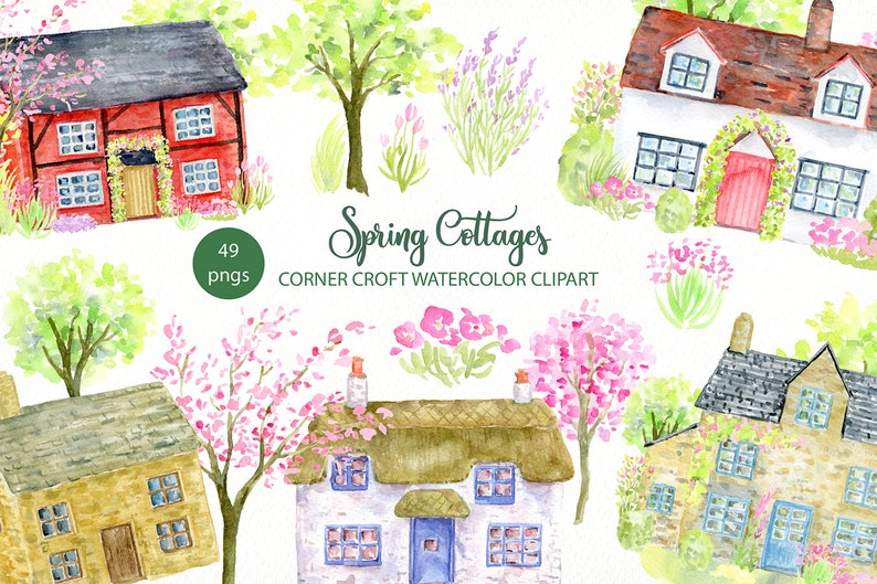 Watercolor spring cottage, traditional cottages, watercolour cottages, old house, instant download image 1