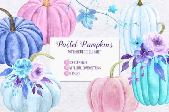 Pastel Pumpkins Watercolor Clipart, Floral Compositions (Digital Download)