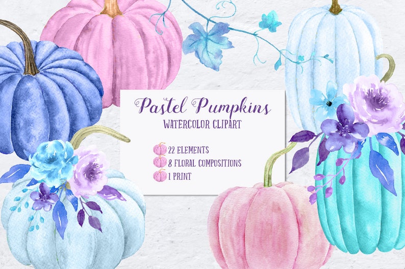 Pu&ograve; includere: Clipart ad acquerello con zucche pastello blu e rosa con accenti floreali. Il testo "Pastel Pumpkins Watercolor Clipart" &egrave; visualizzato su uno sfondo bianco. Il testo "22 Elements, 8 Floral Compositions, 1 Print" &egrave; anche visualizzato.