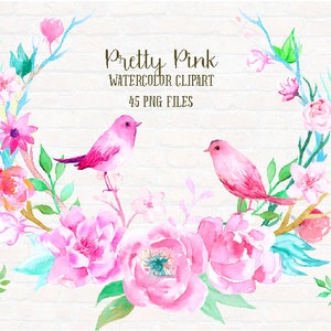 Watercolor clipart Pretty Pink, pink peonies, birds and floral arrangments for instant download