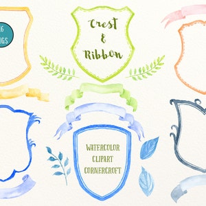 Hand painted watercolor crest frames and ribbons for instant download, diy wedding crest, family crest, branding.