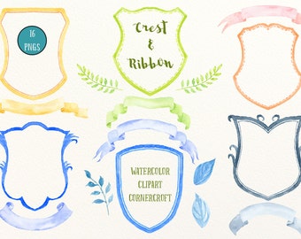 Hand painted watercolor crest frames and ribbons for instant download, diy wedding crest, family crest, branding.