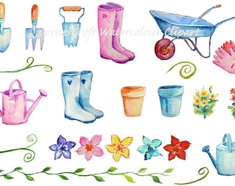 Akvarell trädgårds Clipart, trädgårdsredskap, blommor (digital nedladdning)