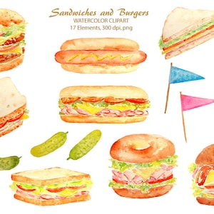 すぐにダウンロードできるサンドイッチ、ハンバーガー、ホットドッグの水彩画クリップアート、食べ物のクリップアート
