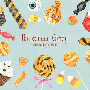 Halloween Candy Watercolor Clipart, halloween sweets, lollipops, cupcake, balloon, banner and buntings, party items for instant download