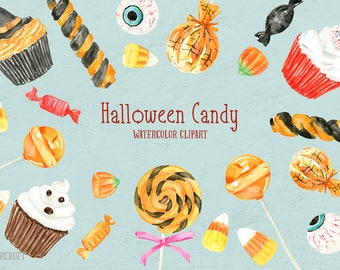 Halloween Candy Watercolor Clipart, Sweets, Lollipops, Cupcake (Digital Download)
