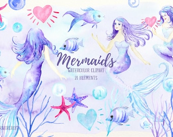 Mermaid clip art, watercolor mermaid, mermaids, fish, star fish, bubbles, hearts  for instant download, mermaid clipart