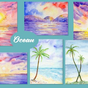 Watercolor nature background &quot;Ocean&quot; digital paper (set6) instant download, beach, ocean and sunset background