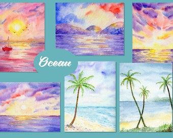 Aquarell Ozean Landschaft Digitales Papier, Strand Sonnenuntergang Hintergründe (Digitaler Download)