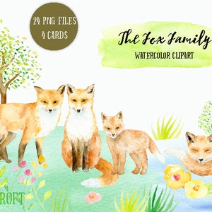 Watercolor clipart fox family printable instant download, wild life, fox, kit, fox illustration, greeting cards