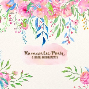 Watercolor Romantic Pink Posies -  pink peony and rose posy, pink floral posies, floral arrangements
