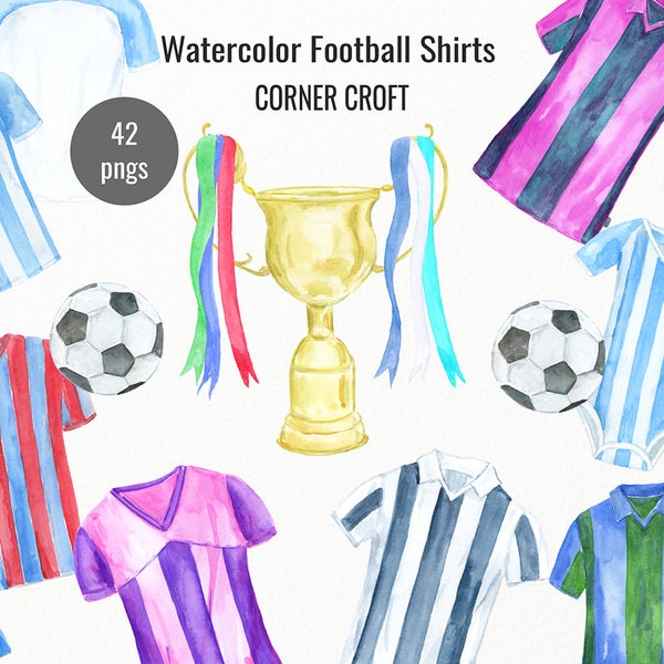 Watercolour football shirts, watercolor football clipart, football t-shirt, cup, soccer shirt for instant download