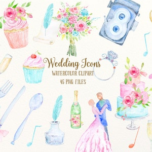 Puede incluir: Conjunto de clipart de acuarela de iconos de boda, que incluye un pastel, cupcakes, copas de champ&aacute;n, un ramo, anillos, un micr&oacute;fono, una c&aacute;mara y m&aacute;s. El conjunto incluye 45 archivos PNG.