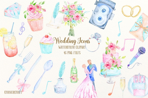 Watercolor Wedding Clipart, Cake, Rings, Bouquet (Digital Download)