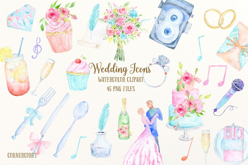 Puede incluir: Conjunto de clipart de acuarela de iconos de boda, que incluye un pastel, cupcakes, copas de champ&aacute;n, un ramo, anillos, un micr&oacute;fono, una c&aacute;mara y m&aacute;s. El conjunto incluye 45 archivos PNG.