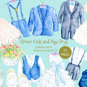Aquarel bruiloft outfits voor bloemenmeisje en pagina jongen, jurk en pak, kinderschoenen, gepersonaliseerd afdrukken Schepper