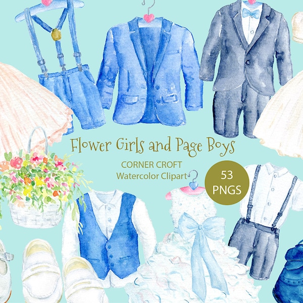 Watercolor wedding outfits for flower girl and page boy, dress and suit, children shoes, personalised print creator