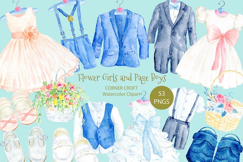May include: Watercolor clipart set of flower girls and page boys in various poses. The set includes dresses, suits, accessories, and floral arrangements. There are 53 PNG images in the set.
