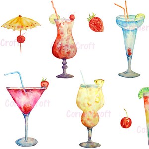 Hand painted watercolour cocktails digital clip art printable instant download scrapbook watercolor cocktail glass