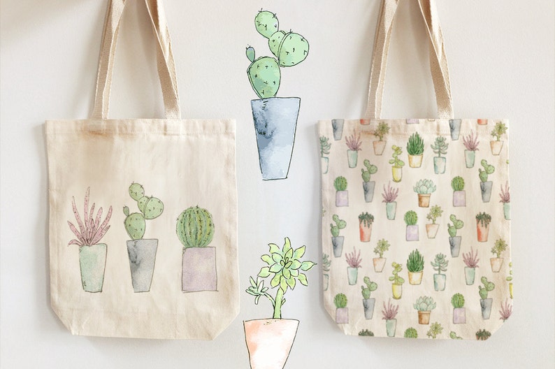 May include: Three tote bags with different cactus and succulent designs. The first bag features three potted plants, a pink succulent, a green cactus, and a spiky green cactus. The second bag has a single potted cactus with green leaves. The third bag has a repeating pattern of various potted cacti and succulents.