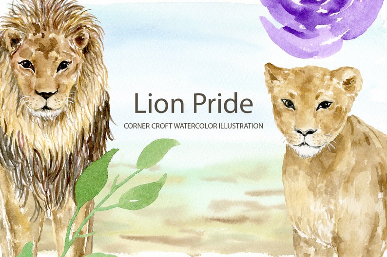 May include: Watercolor illustration of a lion and lioness in a pride, with the text "Lion Pride" and "Corner Croft Watercolor Illustration" below. The background is a light blue watercolor wash with a purple flower in the top right corner.