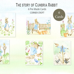 May include: Six watercolor illustrations of a rabbit in a garden setting. The illustrations are on white cards with a green border. The cards are part of a set called "The Story of Cumbria Rabbit" by Corner Croft.