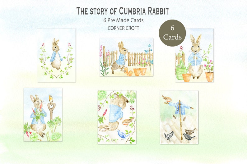 May include: Six watercolor illustrations of a rabbit in a garden setting. The illustrations are on white cards with a green border. The cards are part of a set called "The Story of Cumbria Rabbit" by Corner Croft.