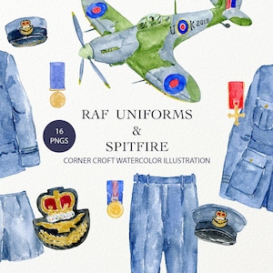 May include: Watercolor illustrations of Royal Air Force uniforms and a Spitfire airplane. The set includes a blue jacket, pants, a cap, and medals. The airplane is green with red, white, and blue markings. The text "RAF UNIFORMS & SPITFIRE CORNER CROFT WATERCOLOR ILLUSTRATION" is included in the image.