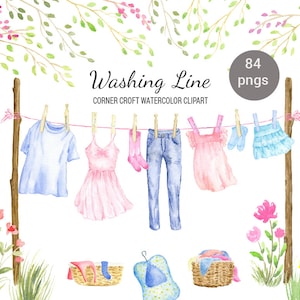Watercolor washing line clipart, clothes line clipart, fashion clothes, shirt, dress, jeans and pegs for instant download