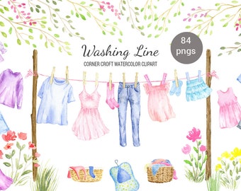 Watercolor Washing Line Clipart, Fashion Clothes Illustrations (Digital Download)
