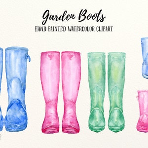 Garden boots clip art, hand painted watercolor wellington boots, rubber boots for instant download, garden clipart, boot clipart