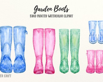 Clipart de botas de jardín en acuarela, botas de agua pintadas a mano (descarga digital)