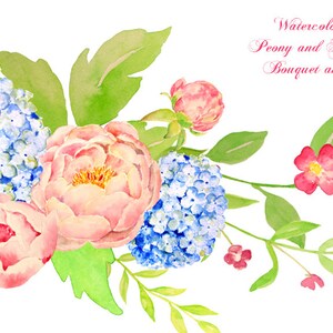 Aquarell Hochzeit Pfingstrose und Blaue Hortensie Bouquet und Sträußchen