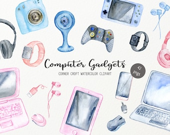 Computer gadgets watercolor clipart for instant download