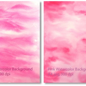Pu&ograve; includere: Due sfondi acquerellati rosa con un gradiente dal rosa chiaro al bianco. Il testo "Pink Watercolor Background A4, jpg, 300 dpi" &egrave; in basso su ogni immagine.