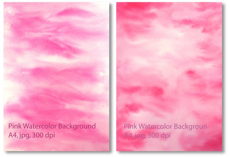Pu&ograve; includere: Due sfondi acquerellati rosa con un gradiente dal rosa chiaro al bianco. Il testo "Pink Watercolor Background A4, jpg, 300 dpi" &egrave; in basso su ogni immagine.